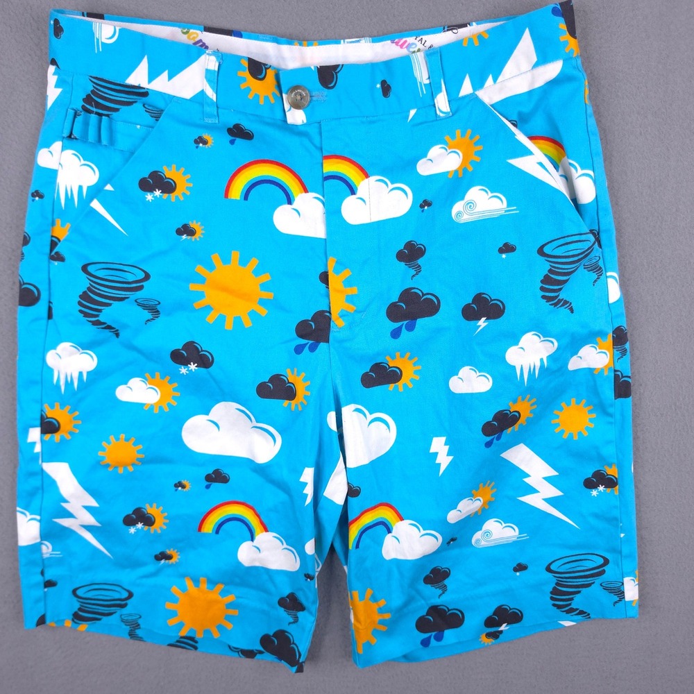 Royal & Awesome Golf Shorts Weather Print Rainbow Sun Blue Mens 32 Cotton Blend